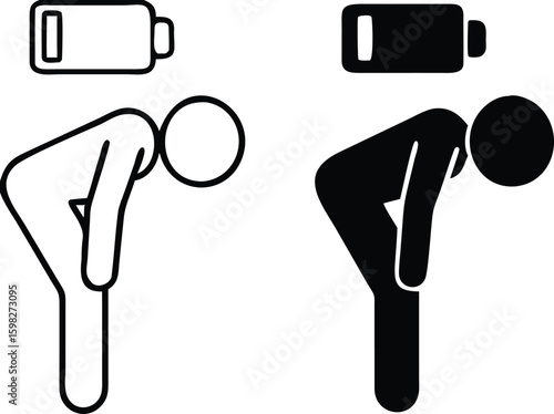 Tired icons. Black and White Vector Icons. The Man is Bent Over from Fatigue, Burnout. Emotions, Mental Health, Mental Health. Mood Concept
