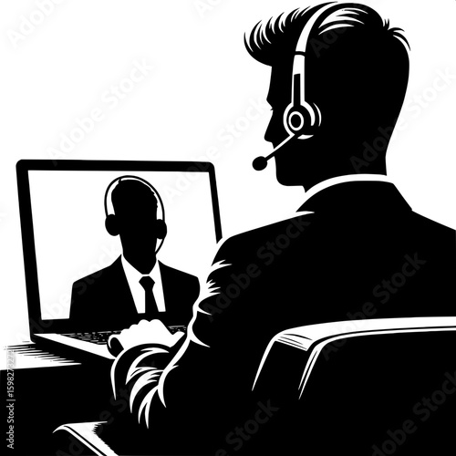 Black and White Vector Silhouette of a Man Attending a Virtual Meeting
