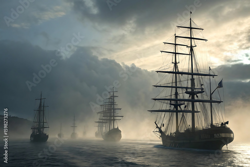 Epic Dark Seascape with Sailing Ships – Cinematic Maritime Adventure in Misty Ocean

