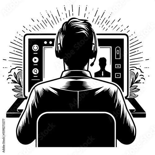 Black and White Vector Silhouette of a Man Attending a Virtual Meeting