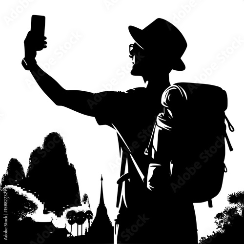 Black and White Vector Silhouette of a Man with Backpack Taking a Selfie at Landmark