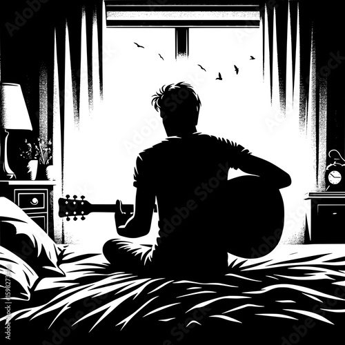 Black and White Vector Silhouette of a Man Playing Guitar in Bedroom