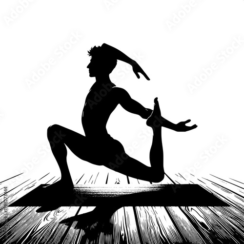 Black and White Vector Silhouette of a Man Doing Yoga Indoors