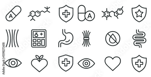 Healthcare and medicine outline icons set – linear, medical, wellness symbols