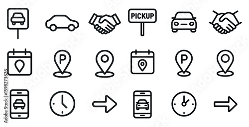 Transportation and pickup icons set – outline, linear, shuttle and commute symbols