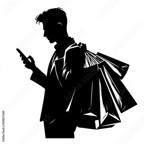 Black and White Vector Silhouette of a Man Holding Shopping Bags and Phone