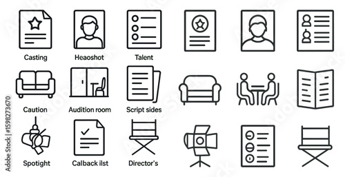 Casting and headshot outline icons set – linear, solid, acting and talent symbols