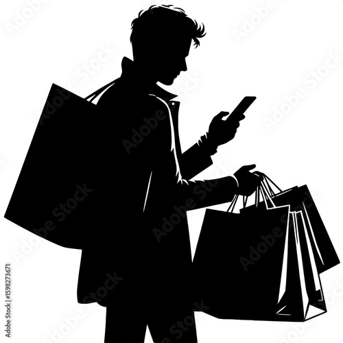 Black and White Vector Silhouette of a Man Holding Shopping Bags and Phone