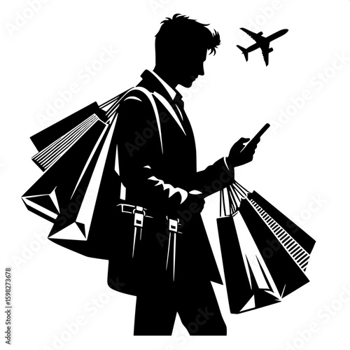 Black and White Vector Silhouette of a Man Holding Shopping Bags and Phone