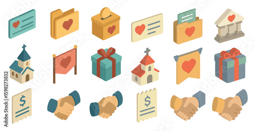 Charity and donation icons set – isometric style, nonprofit support symbols
