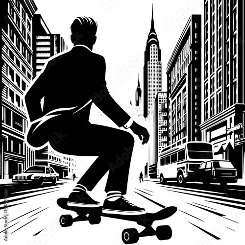 Black and White Vector Silhouette of a Man Skating on Urban Street