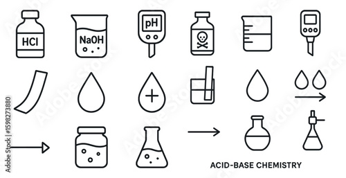 Acid-base chemistry icons set – outline, linear, scientific laboratory symbols