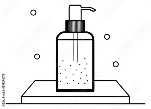 Cleanliness and hygiene a simple line drawing of a dispenser bottle with bubbles symbolizing sanitization and personal care products
