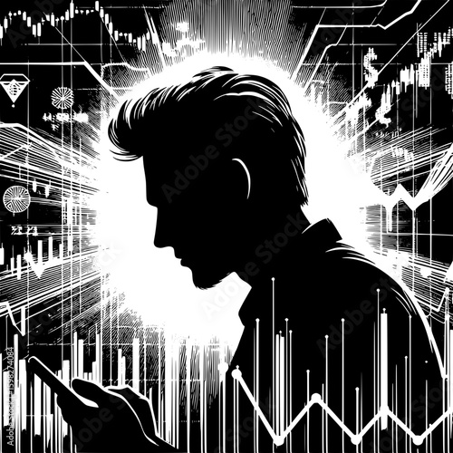 Black and White Vector Silhouette of a Man Checking Crypto App on Phone