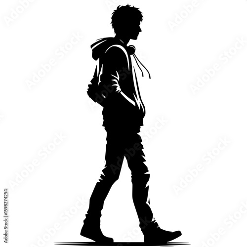 Black and White Vector Silhouette of a Man Listening to a Podcast