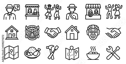 Cultural and travel outline icons set – linear, map and journey symbols