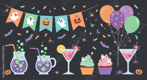 Festive Halloween illustration featuring cocktails, cupcakes, balloons, and festive decorations on a dark background.