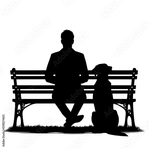 Black and White Vector Silhouette of a Man Taking a Break with Dog