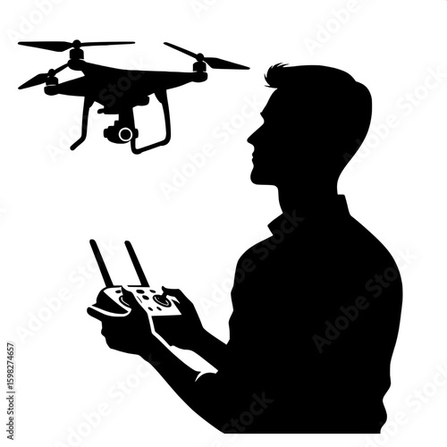 Black and White Vector Silhouette of a Man Holding a Drone Controller