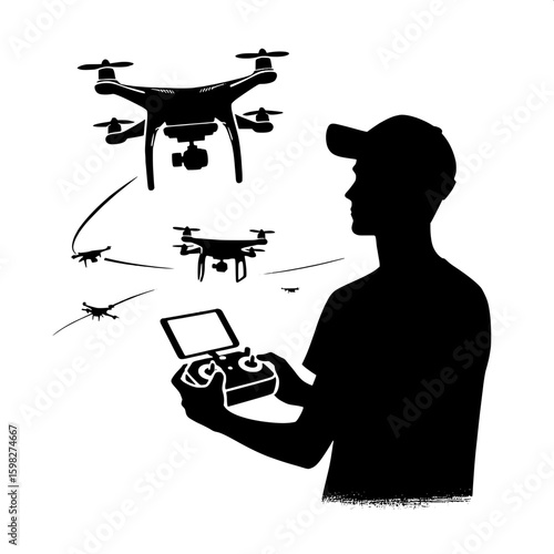 Black and White Vector Silhouette of a Man Holding a Drone Controller