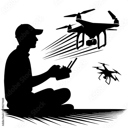 Black and White Vector Silhouette of a Man Holding a Drone Controller