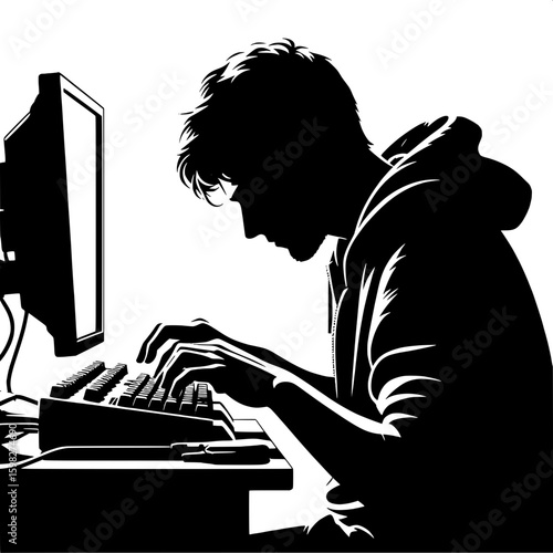 Black and White Vector Silhouette of a Man Typing on Mechanical Keyboard