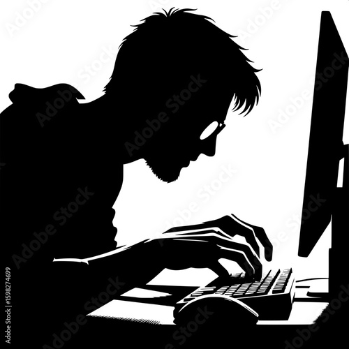Black and White Vector Silhouette of a Man Typing on Mechanical Keyboard