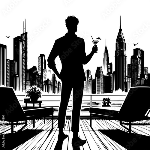 Black and White Vector Silhouette of a Man Taking a Break at Rooftop Lounge