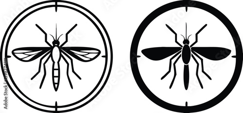 Mosquito icons. Black and White Vector Icons. Goal Sign with Insect Inside. Insect repellent. Camping and Tourism. Label or Logo for Packaging
