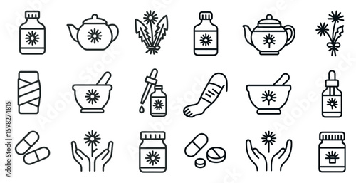 Herbal and natural remedies line icons set – outline, wellness, health symbols