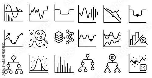 Data analysis line icons set – linear charts, statistics, graph symbols