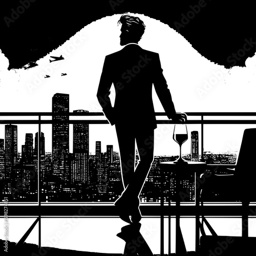 Black and White Vector Silhouette of a Man Taking a Break at Rooftop Lounge