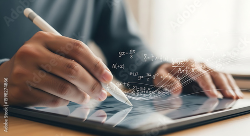 Close-up of a person's hands (gender-neutral) using a stylus pen on a digital tablet, with mathematical formulas or abstract notes flowing on the screen. The background is softly blurred, suggesting a