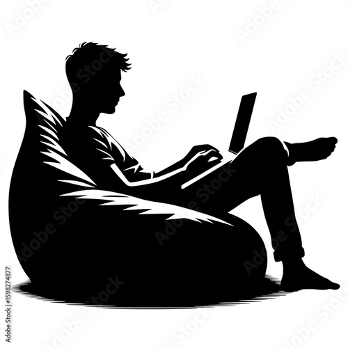 Black and White Vector Silhouette of a Man Working Remotely on Laptop