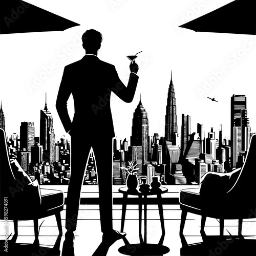 Black and White Vector Silhouette of a Man Taking a Break at Rooftop Lounge