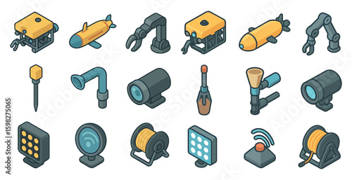 Underwater technology icons set – isometric, marine, aquatic exploration symbols