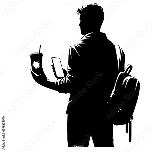 Black and White Vector Silhouette of a Man Holding a Smartphone and Coffee Cup