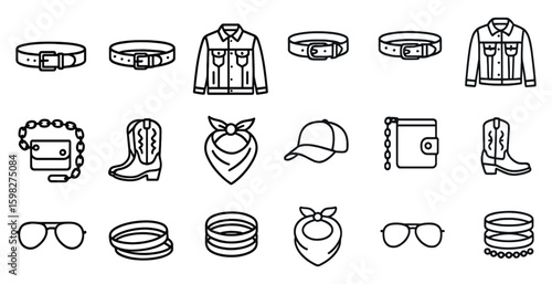 Western fashion outline icons set – cowboy gear, accessories, style symbols
