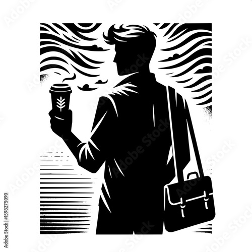 Black and White Vector Silhouette of a Man Holding a Smartphone and Coffee Cup