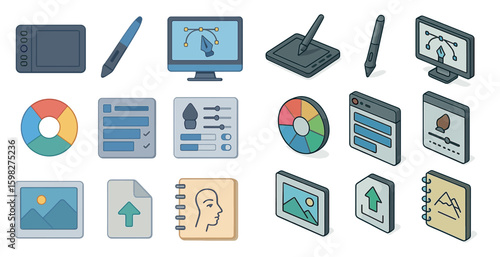 Digital media tools icons set – flat, outline, design and creative graphics