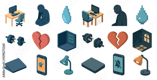 Depression and sadness isometric icons set – 3d, mental health, emotional wellness symbols