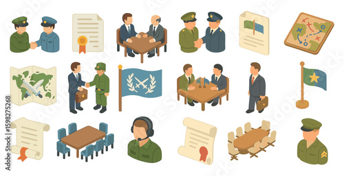 Military and strategy isometric icons set – game, warfare, defense planning graphics
