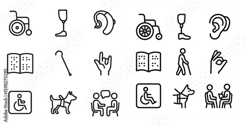 Accessibility and disability outline icons set – linear, line, assistive living graphics