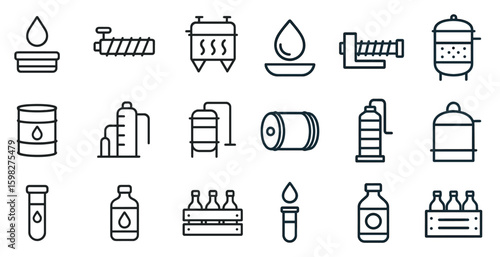 Oil and gas production line icons set – linear, outline, extraction industry symbols