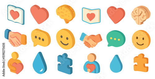 Mental health and wellness icons set – 3d, supportive, self-care symbols