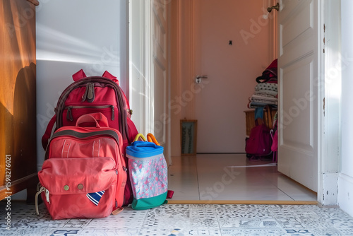 Backpacks and lunchboxes by home entrance