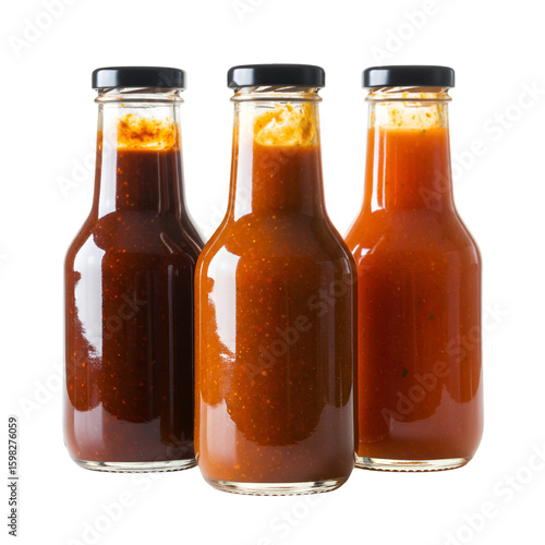Three Bottles of Red Brown Orange Sauces Isolated Photo