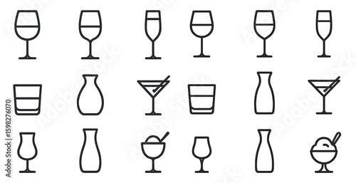 Drink and beverage outline icons set – linear, line, bar and cocktail symbols