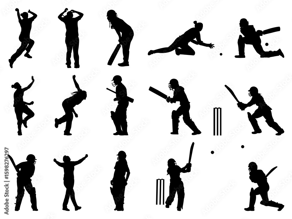 Obraz premium Set of Women Cricket Silhouette in various poses isolated on white background