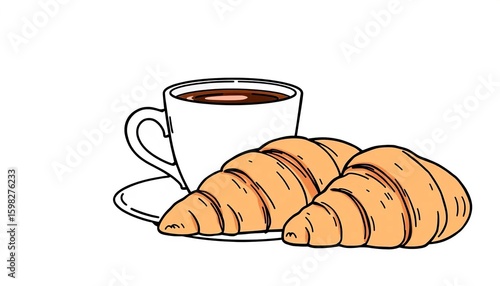 A single-line drawing of a coffee cup and croissants, depicting a classic French breakfast,  delicious,  drawing
